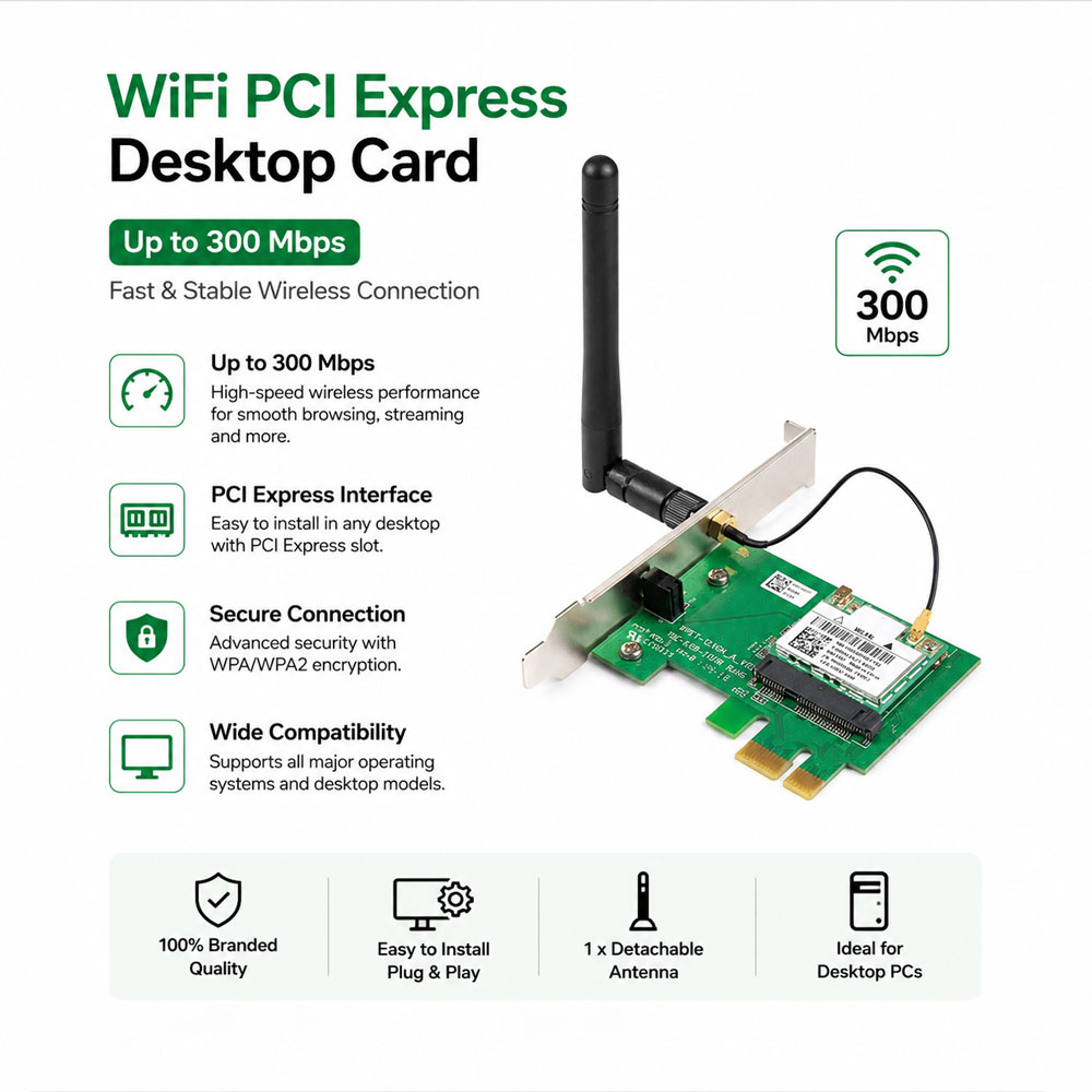 WiFi PCI Express Wireless Card With Dual Antenna Upto 300 Mbps for Computer