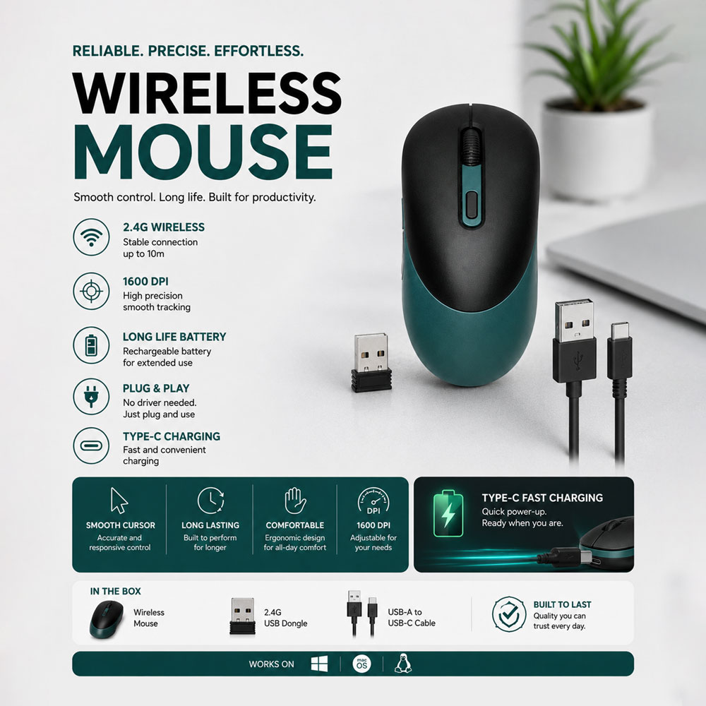 Wireless Rechargeable Ergonomic Mouse with Type-C Fast Charging – 2.4G USB, 1600 DPI, Silent & Comfortable Design