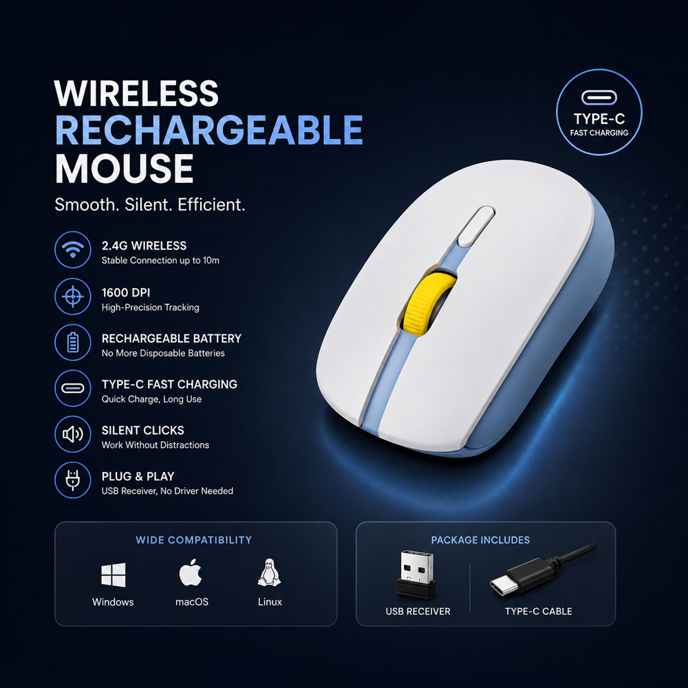 Wireless Rechargeable Ergonomic Mouse with Type-C Fast Charging – 2.4G USB, 1600 DPI, Silent & Comfortable Design